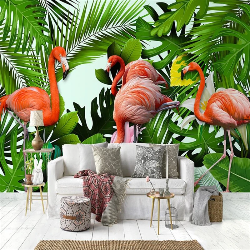

Beibehang European hand-painted flamingo banana leaf wall green leaves background wall painting custom mural wallpaper
