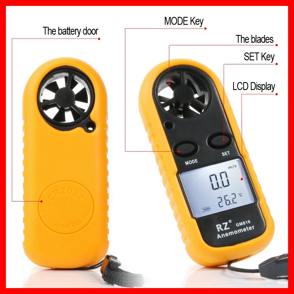 RZ измеритель скорости ветра Портативный анемометр-термометр Windmeter 30 м/с ЖК-цифровой Ручной измерительный инструмент GM816 RZ818