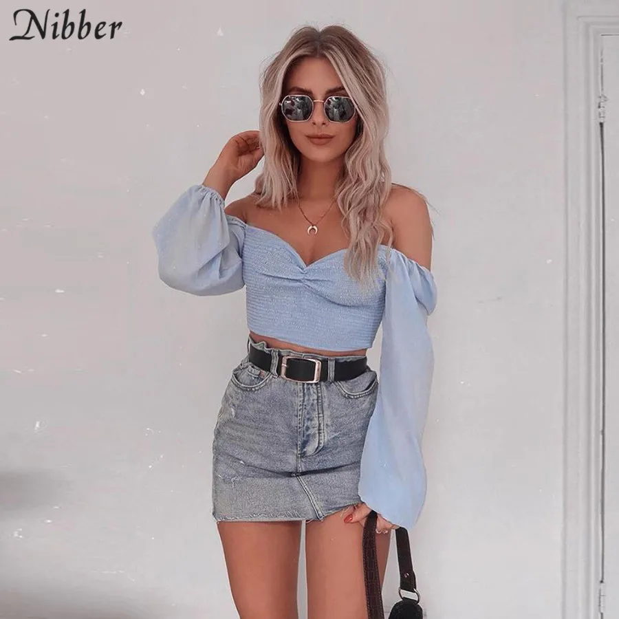 

Nibber spring Romantic elegance top tshirt women off shoulder office ladies High street Beach leisure vacation tees summer mujer