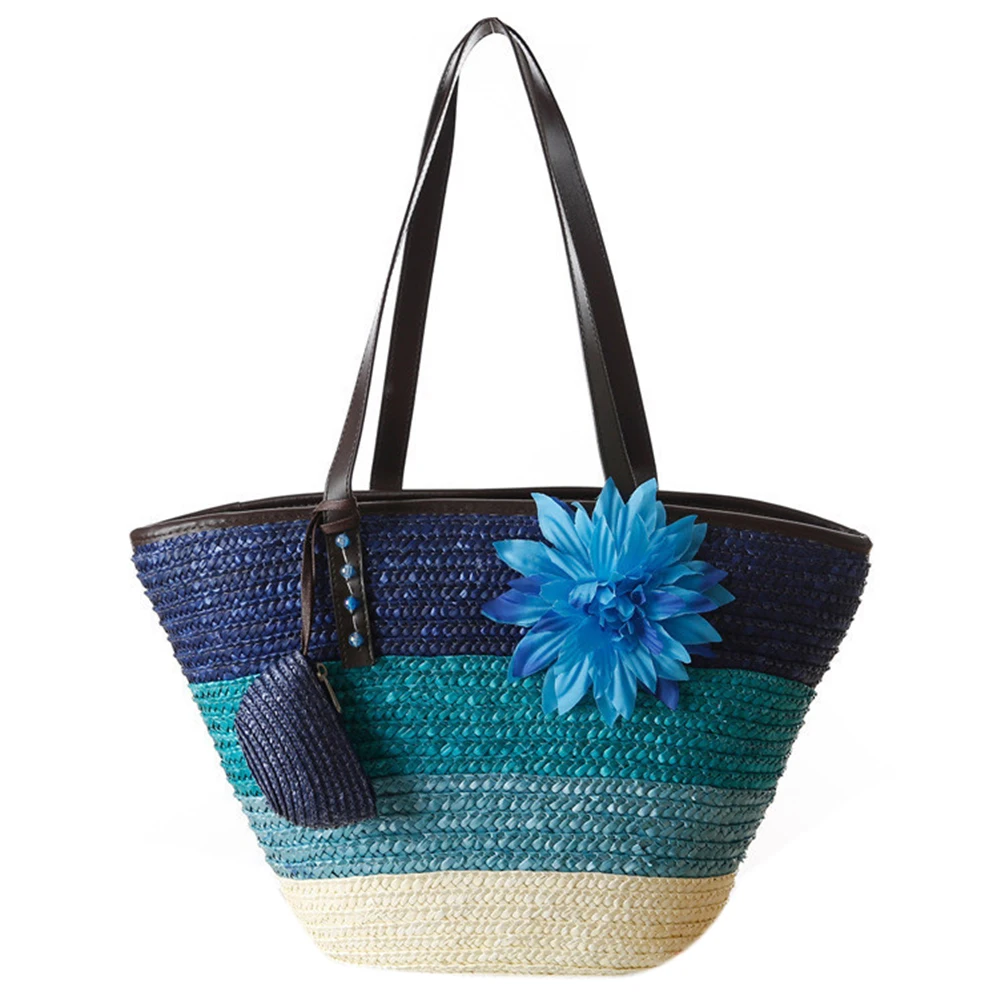 Вязаная соломенная сумка, летняя Цветочная богемная модная женская сумка, цветные полосатые сумки на плечо, пляжная сумка, большие сумки-тоут
