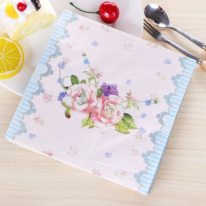 Buy Blue Stripe Flowers Painting Paper Napkins Cafe