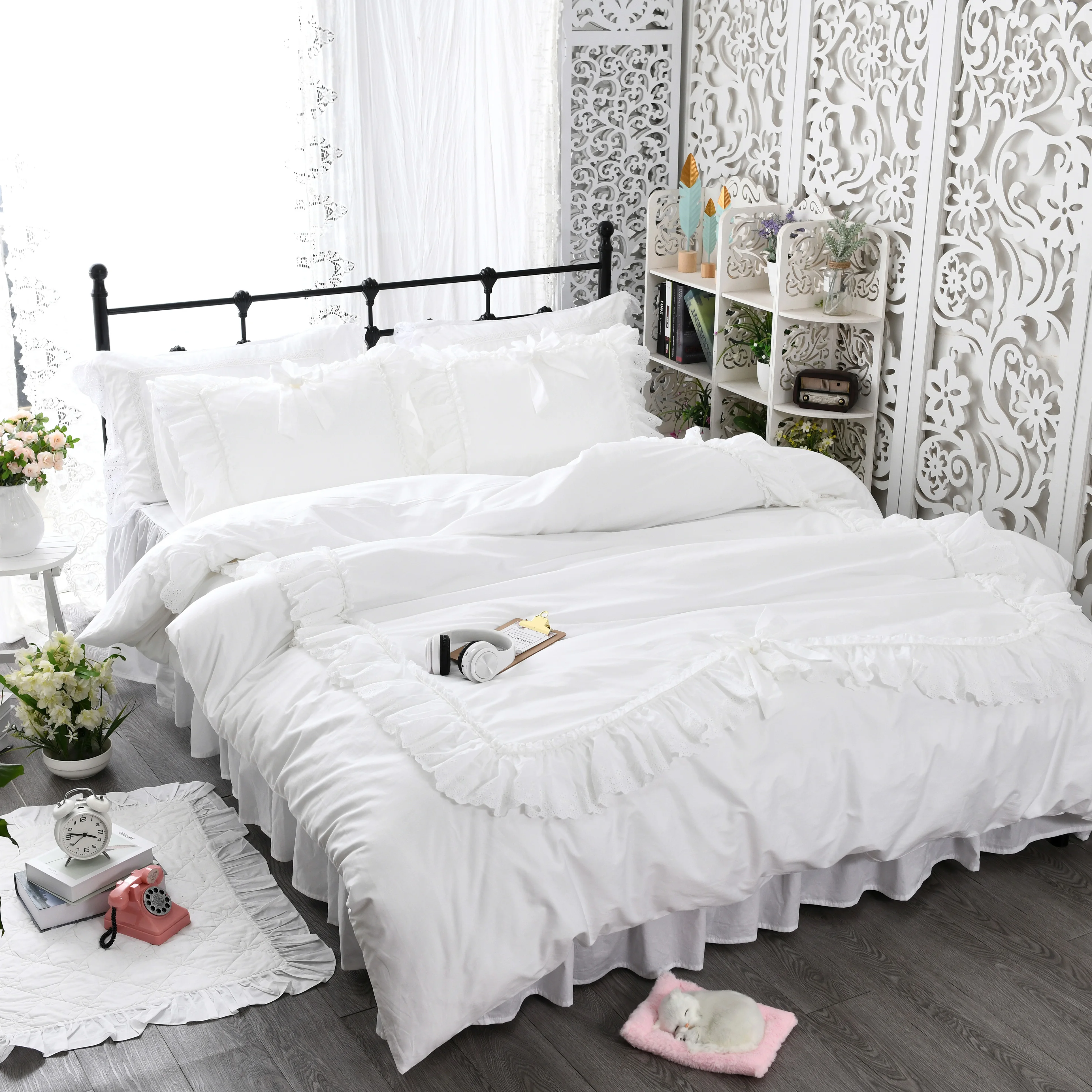 Cotton Korean bed skirt style cotton pure white embroidered lace quilt