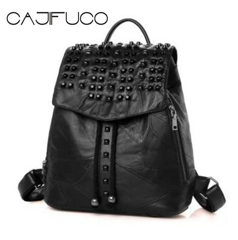 CAJIFUCO Casual Genuine Leather Backpack Black Rivet Lambskin Large Studded Shoulder Bag Girl ...