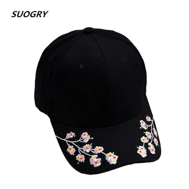 SUOGRY كاب النساء الأسود الوردي قبعة بيسبول المرأة الأسود الزهور الأبيض قبعات التطريز