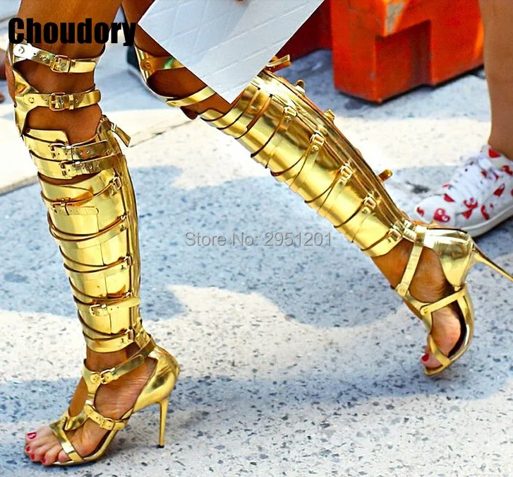 2015-Fashion-Peep-Toe-Buckles-Cross-Over-Knee-Women-Gladiator-Boots-High-Heels-Gold-Silver-Ladies (1)
