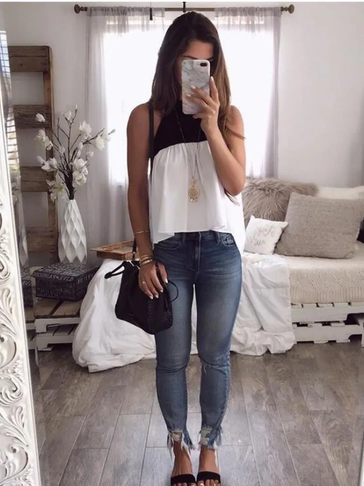 

S-2XL Sexy Women Halter Off Shoulder Blouse Shirt Summer Ruffles red black Tops Contrast Color Fashion Club Sarafan
