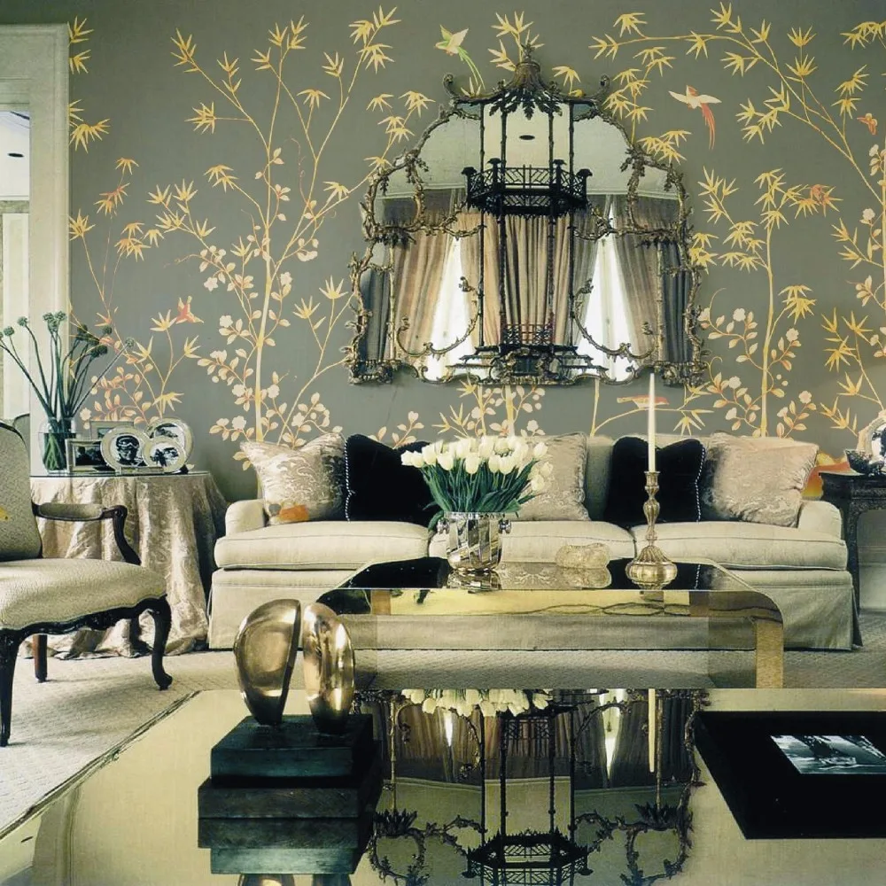 

Europe style elegant Hand-painted silk wallpaper painting flowers with birds wallcovering many patterns and background optional
