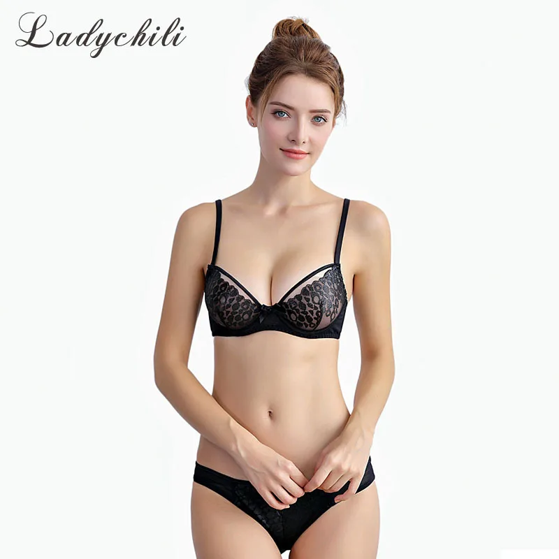 

Ladychili Women Intimates Sexy French Bra Set Black Transparent Underwear Set No Padded Ultra Thin Lace Underwire Bra Brief N344