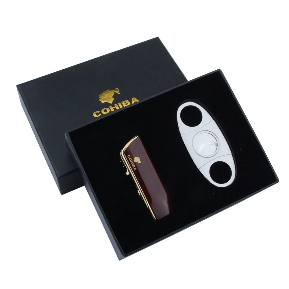 COHIBA коричневая струйная Зажигалка для сигарет и резак для сигар из нержавеющей стали Портативный сигаретный костюм с подарочной коробкой Gree