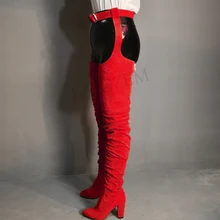 LAIGZEM Rihanna/высокие сапоги до бедра сапоги выше колена из искусственной замши на не сужающемся книзу массивном каблуке модные сапоги на молнии с ремешком на талии большие размеры 34-47