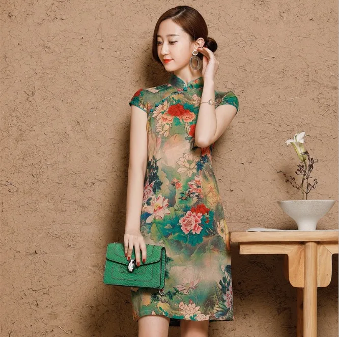 Китайские платья Ципао Cheongsam из хлопка и льна Mujer Vestidos размера плюс для женщин короткие 3XL 4XL 5XL летние Новое поступление - Цвет: Черный