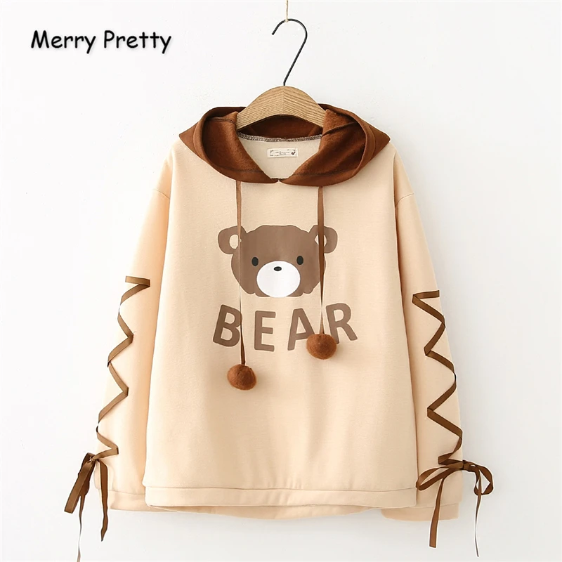  Merry Pretty Women Plus Velvet Thick Hooded Sweatshirts Cartoon Bear Print Cute Hoodies 2019 Winter