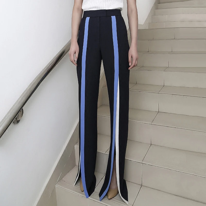 Micro cuerno Rayas Mujeres Tenedor Cintura Costura Nuevas Azul Alta De Pantalones Ancha Las Leggings Pierna Moda Lulu Cuero 2017 Mujer Distancia 8q6xvS7wO