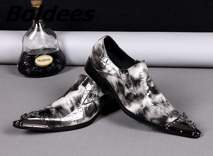 Boldees VChaussure Homme корейский стиль Мужские модельные туфли из металла острый носок оксфорды Туфли без каблуков Для Мужчин серый змеиной кожи