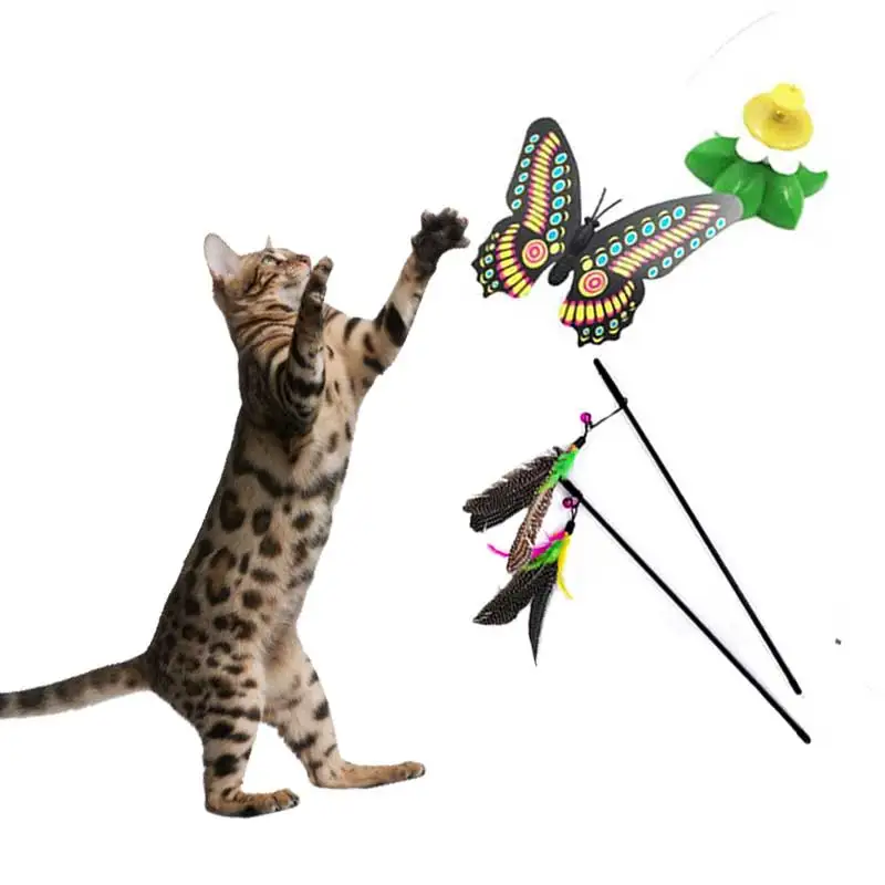 Стальная проволока Забавный котенок бабочка удилище играть животное мотаться палочка игрушка