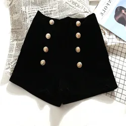 MUMUZI Women spring and autumn velvet shorts high waist all match buttons black short trousers loose 2xl bottom hot shorts 2023
