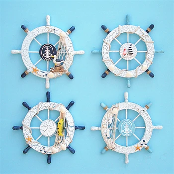 

Mediterranean Style Beach Wood Decor Nautical Steering Wheel Fishing Net Home Wall Decoration Boat Ship Rudder Craft 28cm