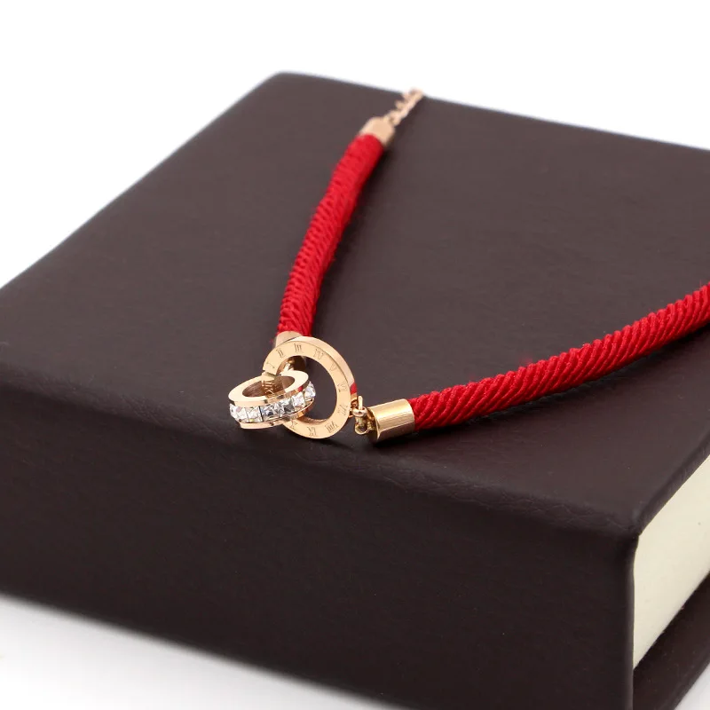 

Bilincolor red string with rhinestone rose gold two round circles charm bracelet for women