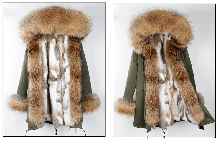 Зимняя женская куртка, пальто из натурального меха енота, воротник из кроличьего меха, Толстая теплая уличная одежда, бренд класса люкс, отстегивается