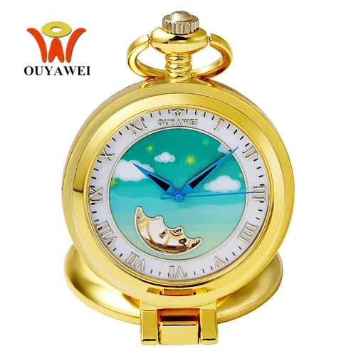 OYW бренд ручной обмотки Механические модные белые мужские карманные часы винтажные Скелет циферблат ожерелье кулон мужские часы на ремешке с цепочкой подарки - Цвет: Gold White