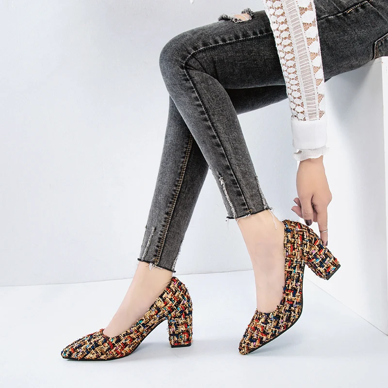 Lucyever/женские туфли-лодочки; повседневные туфли на высоком каблуке с острым носком для деловой женщины; классические туфли без шнуровки на толстом каблуке; женская обувь; размеры 34-39