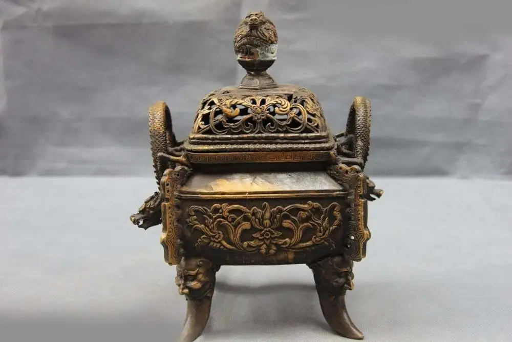 

China Royal Fane Copper bronze Four Beast Foot Two Dragon incense burner Censer SD 506