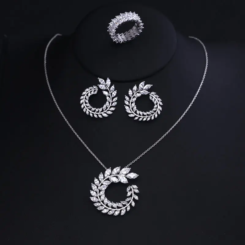 

New design sparkly olive branch leaf shape marquise cut AAA Cubic Zirconia wedding jewerly set for women with free shipping