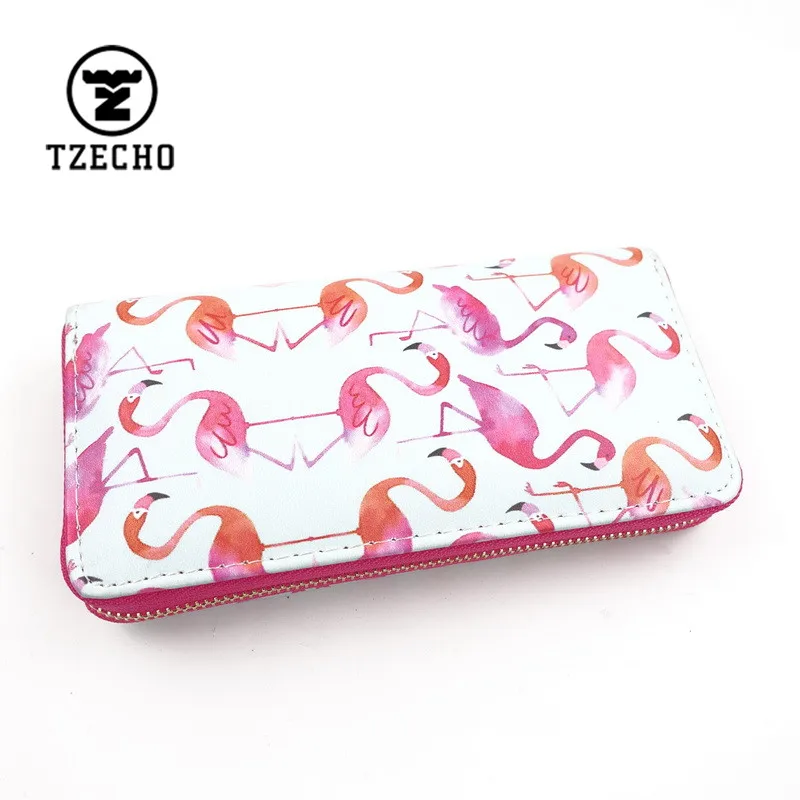 

TZECHO Zipper Around Womens Wallets Leather Print Animal Flamingo Long Purses Coin Pocket Credit Card Holder Phone Clutch Bag