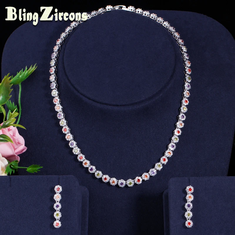 

BlingZircons Tiny Colorful CZ Crystal Lady Wedding Jewelry Purple Green Red Multicolor Stone Flower Necklace Earrings Sets JS108