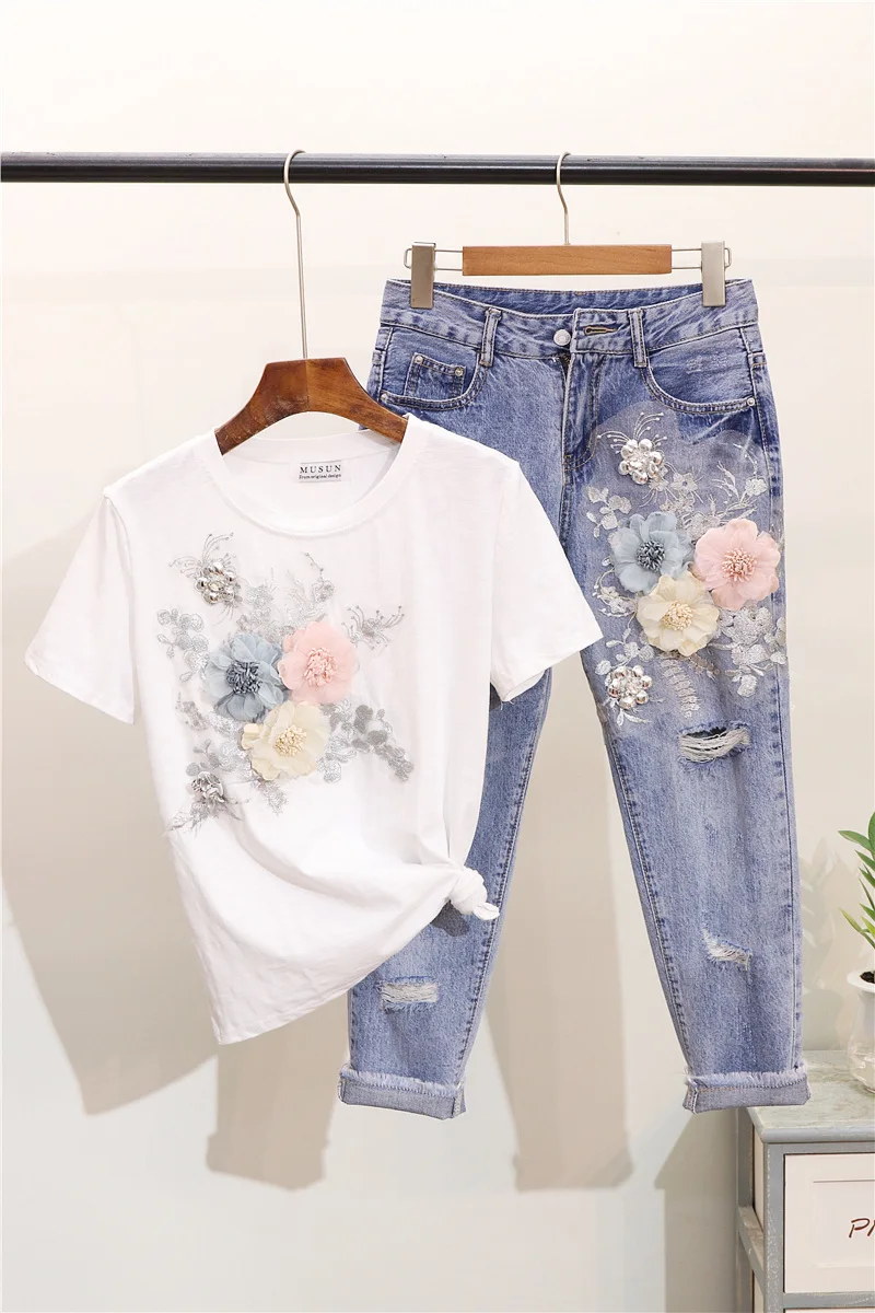 ALPHALMODA модная футболка с 3D цветочной аппликацией, тонкие джинсовые штаны для женщин, тяжелая работа, качественная одежда для лета, модная одежда