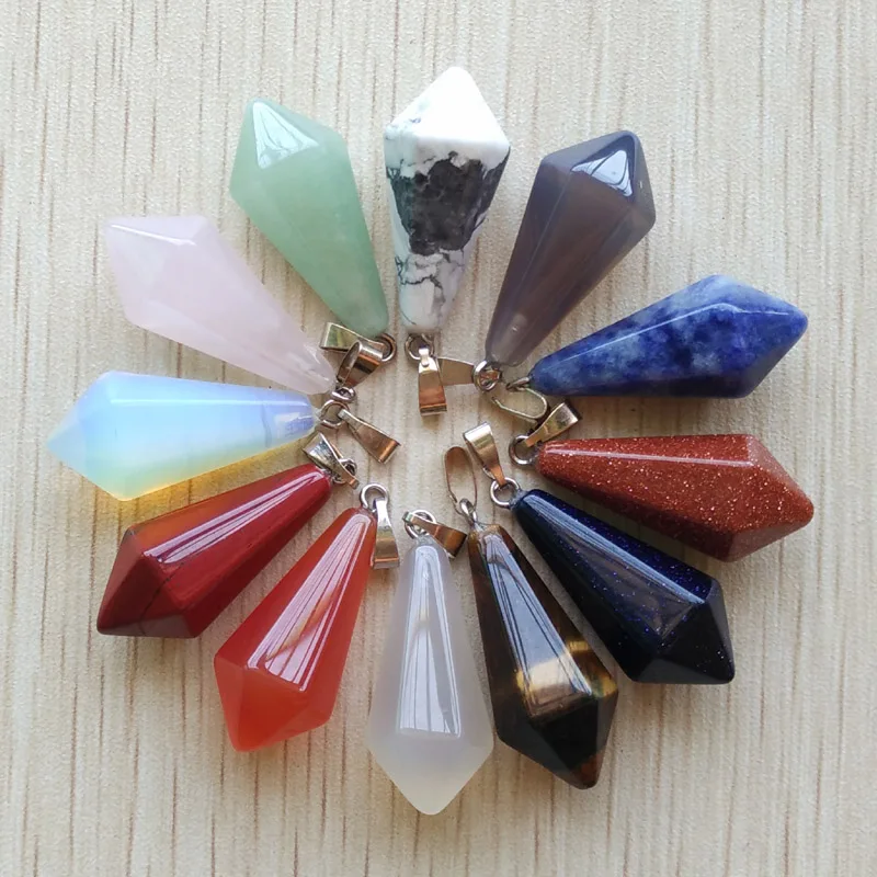 

2018 fahsion Hot Sale good quality Mixed Natural Stone pendulum Hexagonal pyramid Charms pendants 12Pcs Wholesale Free shipping