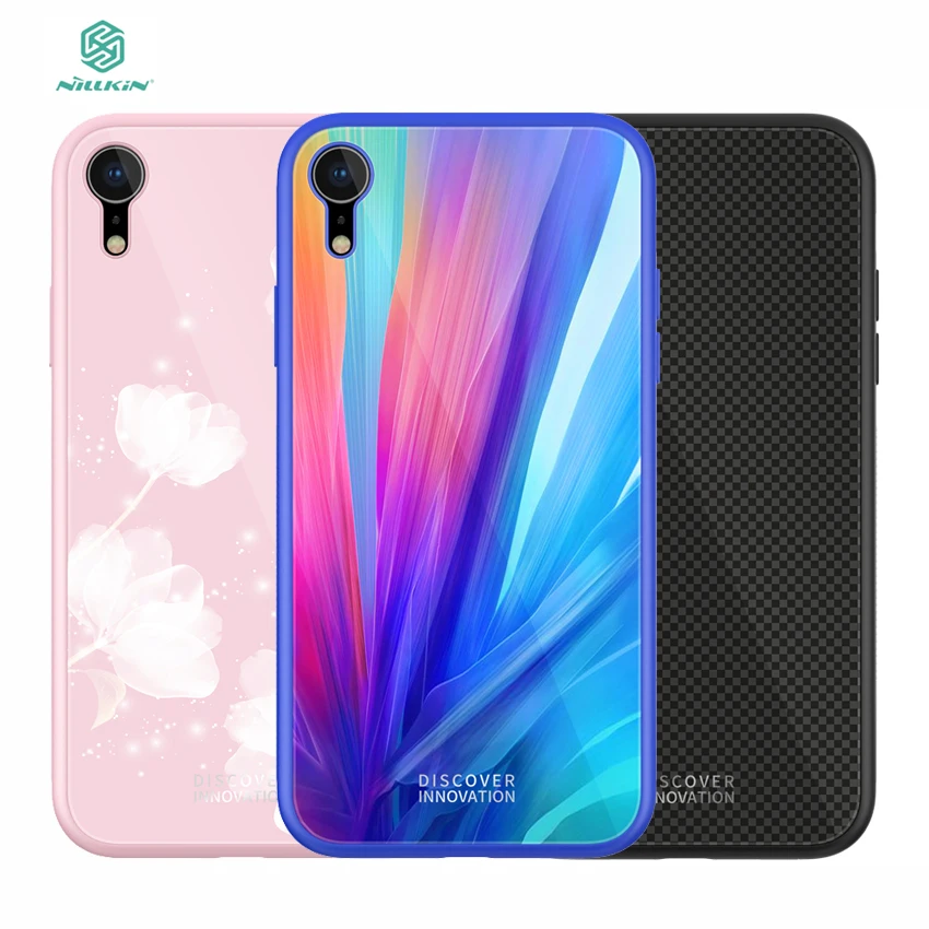 

For iPhone XR Case Cover NILLKIN Tempered Plaid Case For Apple iPhone XR Raised Corners 2.5D Curved Glass Full Coverage 6.1''