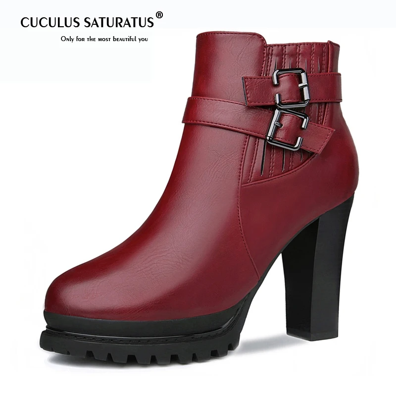 

Cuculus Autumn Winter Women Boots High Heels Platform Buckle Zip Leather Short Booties Black Ladies Shoes Martin Boots 1917