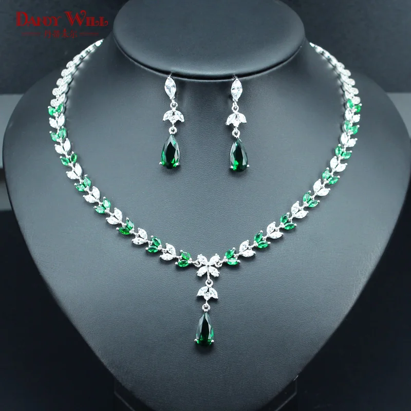 

DANDY WILL Fahion Jewelry Set For Wedding Silver Color Green Austria Crystal Necklace/Earrings Jewelry For Women