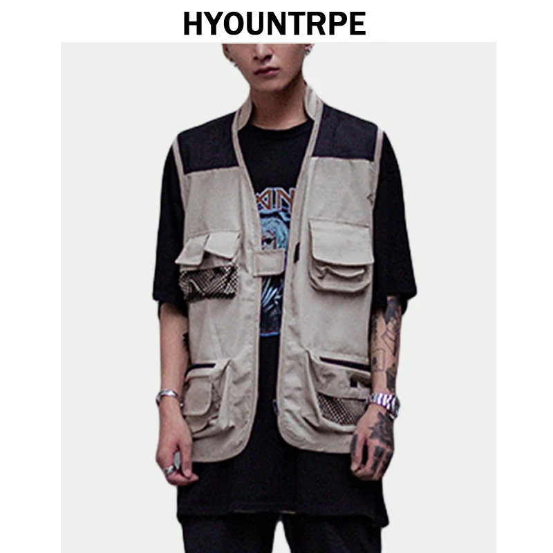

High Street Sleeveless Vests Mens Cargo Waistcoat with Pockets Military Jacket New Design Loose Zipper Tactical Vest Sweatshirts