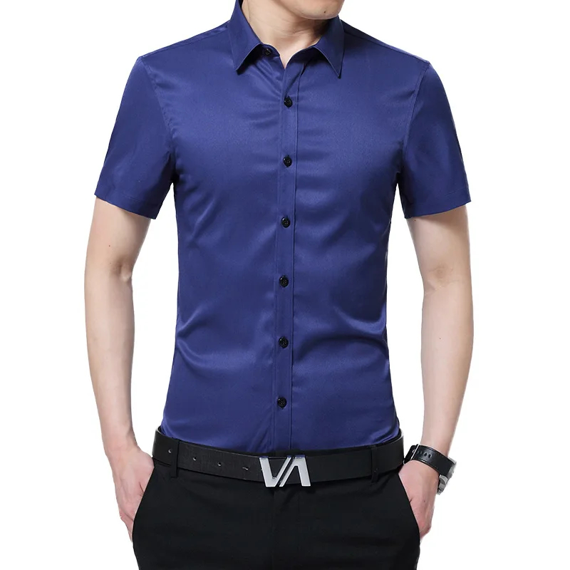 

1pcs Men's plus size Slim fit shirts 2017Summer Pure silk fabric short sleeves dress shirts Men Skinny shirts overhemd tops boys