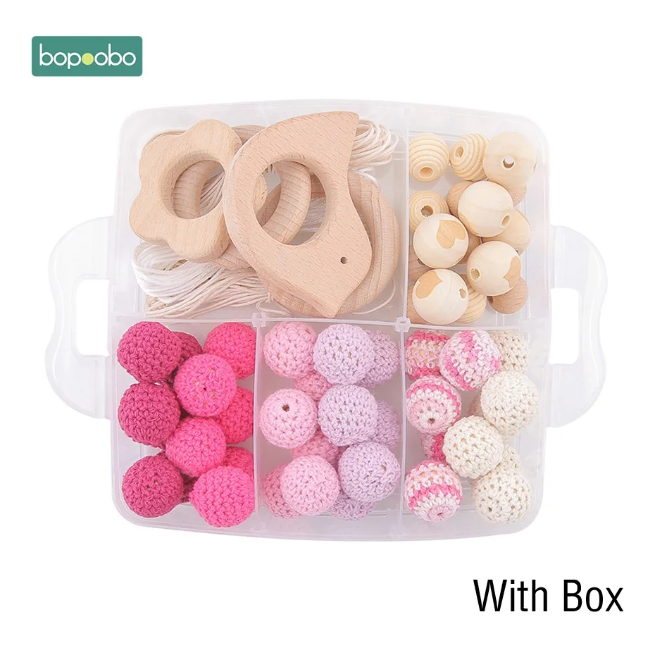 Bopoobo 1Set Baby Teether DIY Silicone Beads Pacifier Clip Chain Baby Mobile Wool ball BPA Free Wooden Crochet Beads Teether - Цвет: Pink Crochet Set-2