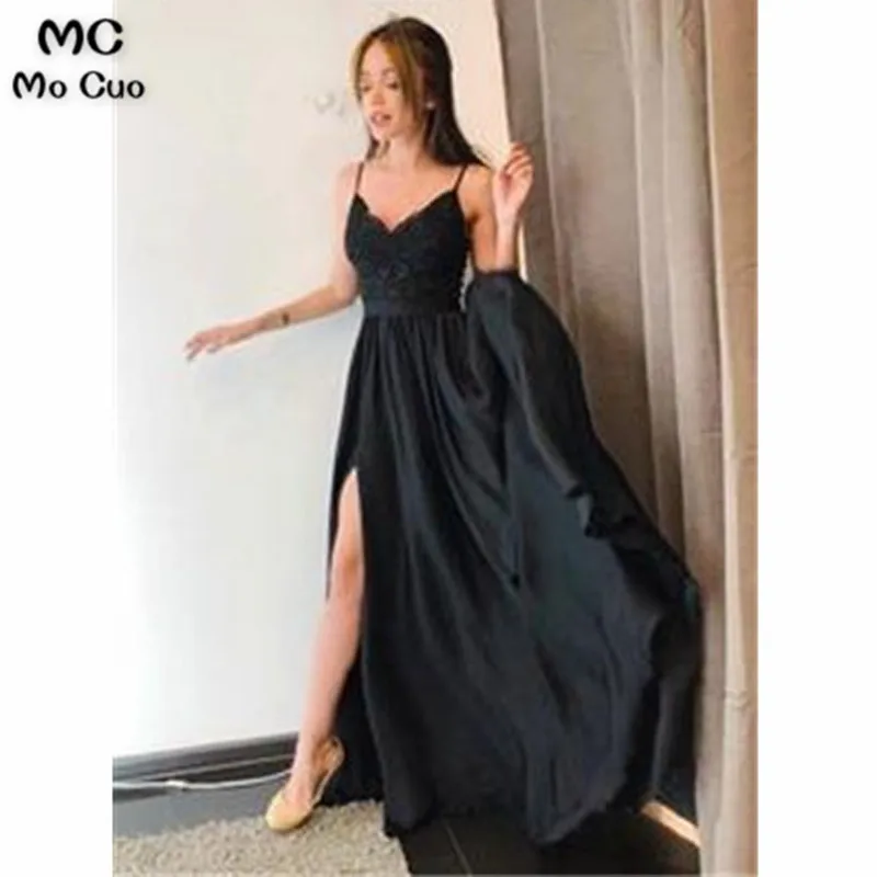 Black A-line Long Prom Dress with Slit School Dance Dress Fashion Winter Formal Dresss3