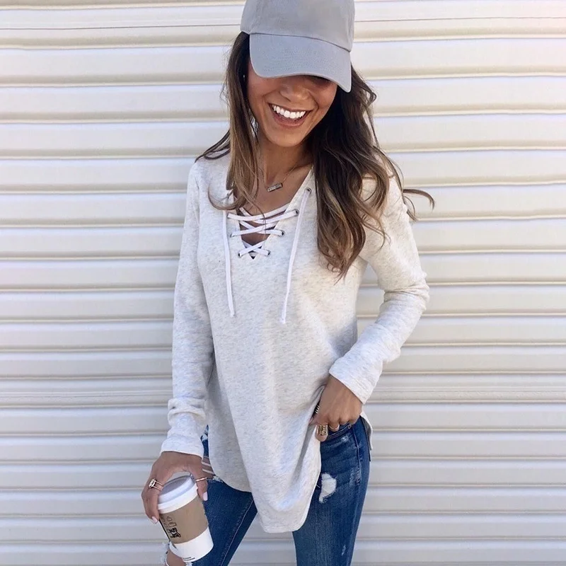 

Solid Color V-neck Tied Bandwidth Loose Top for Women Pullover Casual Shirts