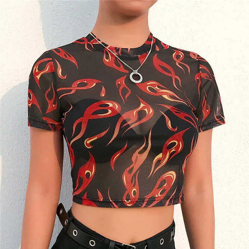 

Women Sheer Mesh Crop Top Sexy Ladies O Neck Shirt Flame Print See Through Casual Clothes Summer Clothing Fashion 2019 New