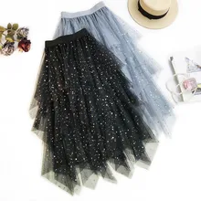 AcFirst Весенняя синяя черная Женская юбка с высокой талией до середины икры, длинная юбка, одежда из сетки, плюс размер, асимметричное бальное платье трапециевидной формы