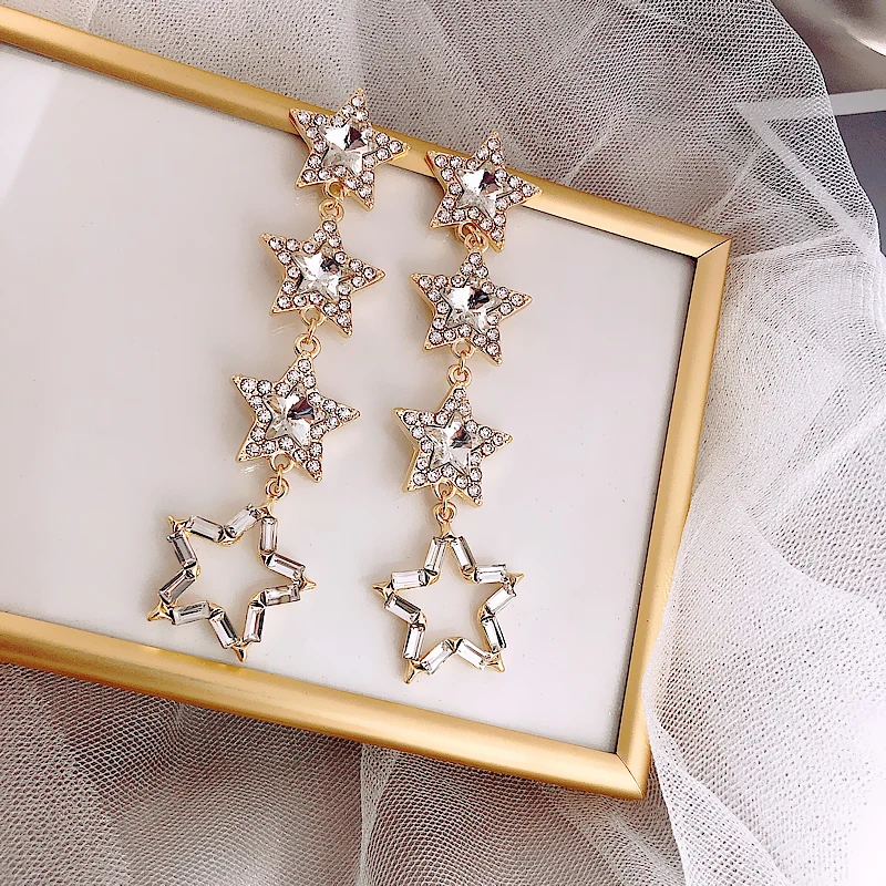 

Vintage Crystal Geometric Women Dangle Earrings Five-star Long Fringed Earrings Dangle Drop Earrings Bohemian Earrings