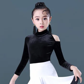 

Latin Dance Top Girls Black Long Sleeve Velvet Dancing Shirts Kids Rumba Cha Competition Performance Dancewear Children DN3078