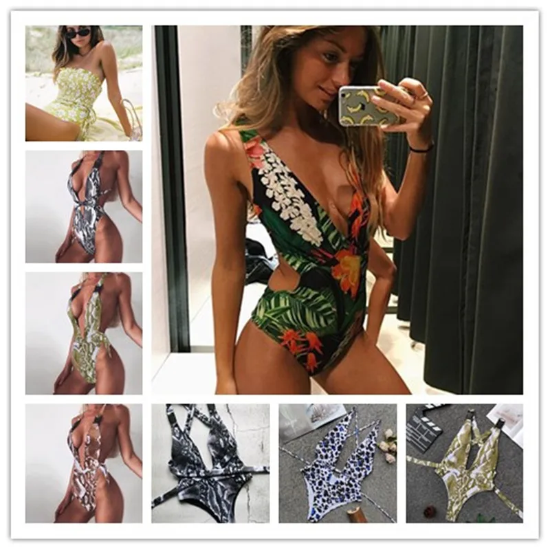 

XREOUGA 2019 Hot Sales Deep V Thong Bikini Set Floral Print Bandage Padded Swimsuit Women Sexy Backless Snake One Piece Swimwear