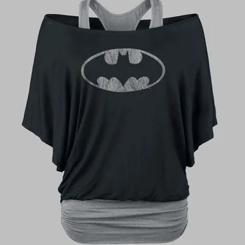 

2019 Batman Fake 2 Pieces Women's T Shirt New Bat Sleeve T-Shirt Casual Loose Shirt Plus Size 2XL Women Clothing