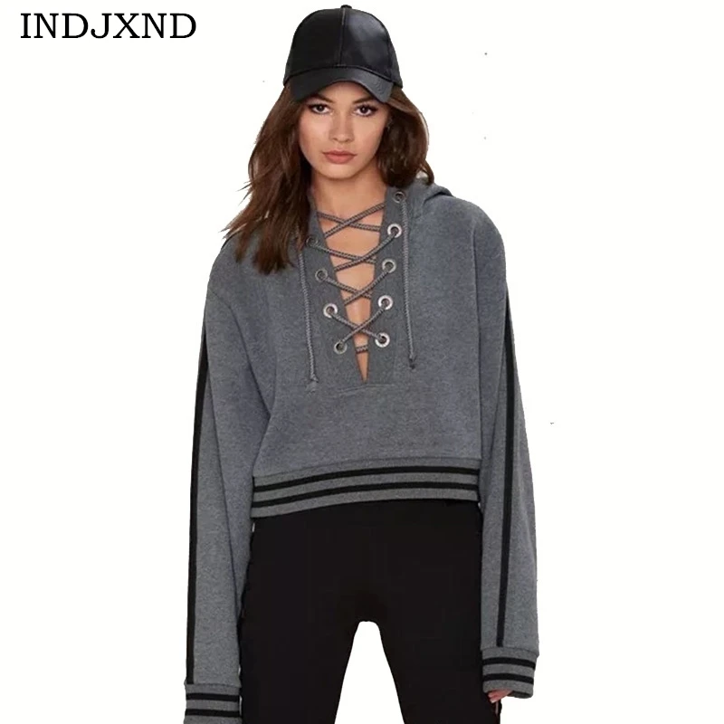 

INDJXND Casual Women Hoodie Deep V Drawstring Loose Short Gray Pure Color Sweatshirt 2017 Winter Pullover Striped Hoodies Tops
