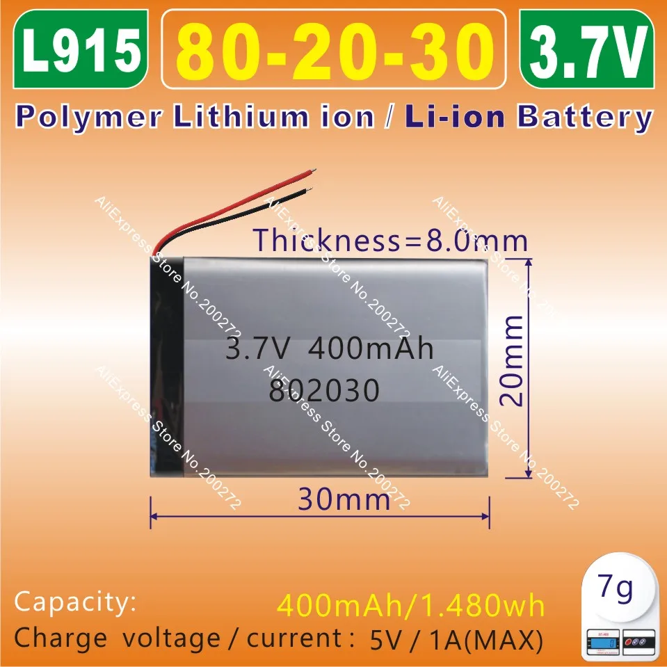 

5pcs [L915] 3.7V 400mAH,[802030] Polymer lithium ion / Li-ion battery for MP4;power bank,MP3,GPS,TOY,SMART WATCH