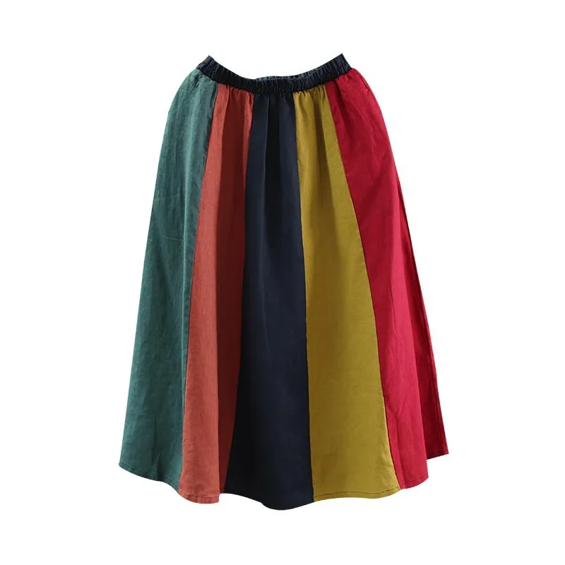 Женская летняя хлопковая льняная с высокой талией винтажная контрастная цветная Женская Длинная Юбка Faldas Jupe Femme Boho Женская Юбка Saia