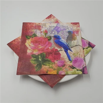 

50 vintage table napkins paper tissue printed pink red flower rose blue bird butterfly decoupage wedding party decor serviettes