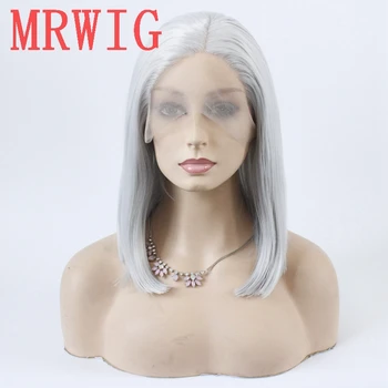 

MRWIG silver gray short bob straight glueless front lace wig middle part 12in 150%density grey hair color wig